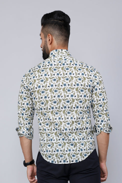 Miravan Mens White and Blue Floral Print Cotton Regular Fit Shirt