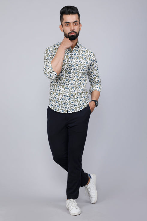 Miravan Mens White and Blue Floral Print Cotton Regular Fit Shirt