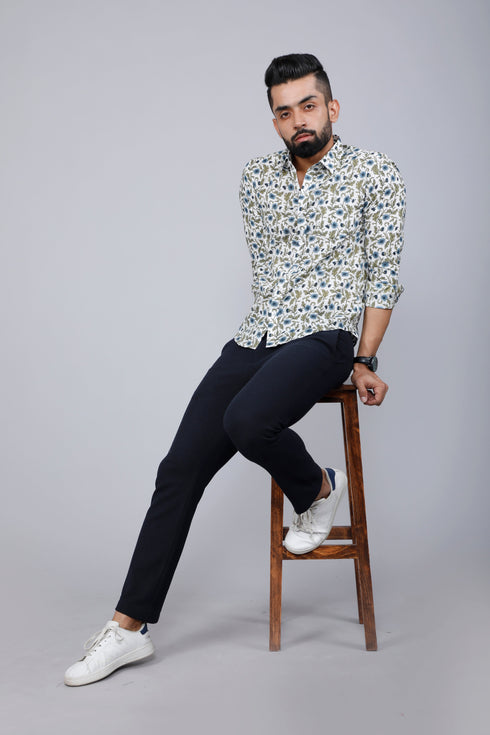 Miravan Mens White and Blue Floral Print Cotton Regular Fit Shirt