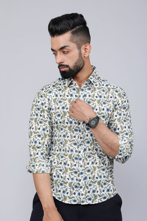 Miravan Mens White and Blue Floral Print Cotton Regular Fit Shirt