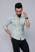 Miravan Mens Spread Collar White and Green Floral Print Slim Fit Shirt