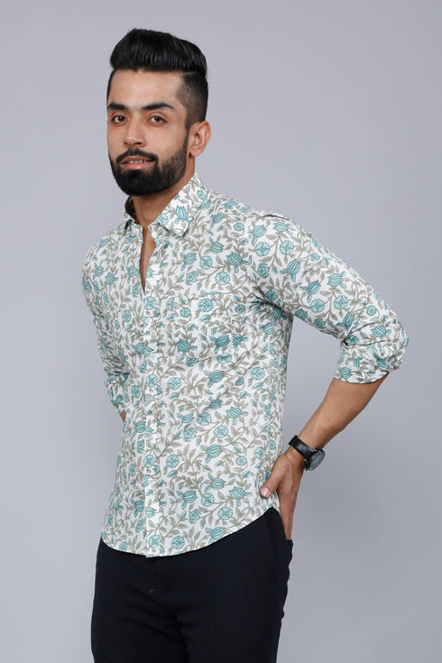Miravan Mens Spread Collar White and Green Floral Print Slim Fit Shirt