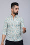 Miravan Mens Spread Collar White and Green Floral Print Slim Fit Shirt