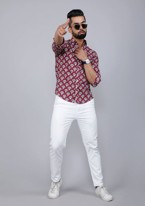 Miravan Mens Cotton Maroon Floral Printed Slim Fit Shirt