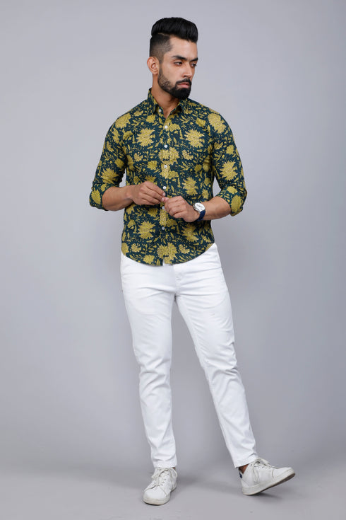 Miravan Mens Cotton Printed Full Sleeve Slim Fit Spread Neck Green Shirt