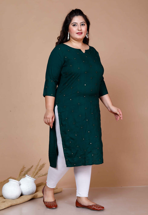 Miravan WomenS Plus Size Green Embroidered Straight Kurti