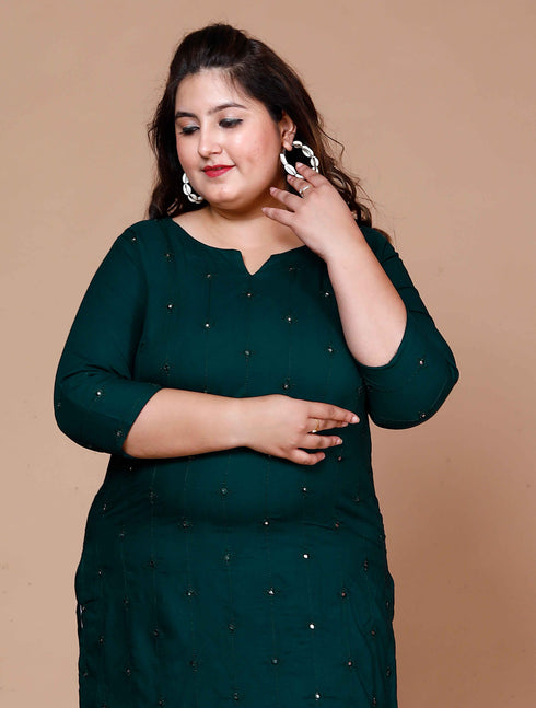 Miravan WomenS Plus Size Green Embroidered Straight Kurti