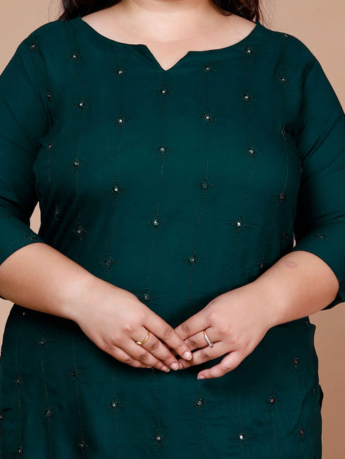 Miravan WomenS Plus Size Green Embroidered Straight Kurti
