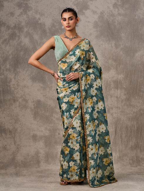 Mohey Teal Green Tissue Multicolour Floral Printed Saree