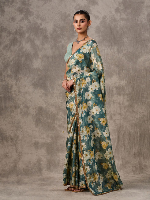 Mohey Teal Green Tissue Multicolour Floral Printed Saree