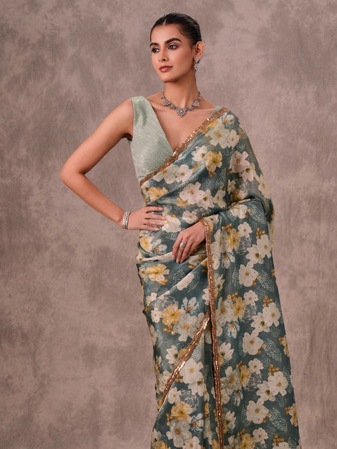 Mohey Teal Green Tissue Multicolour Floral Printed Saree