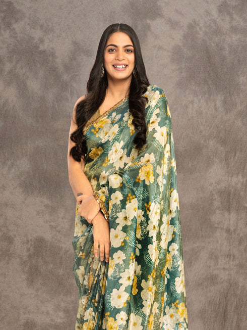Mohey Teal Green Tissue Multicolour Floral Printed Saree