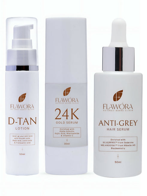 Flawora Anti-Grey Hair Serum|D-Tan Lotion and Gold Face Serum Combo