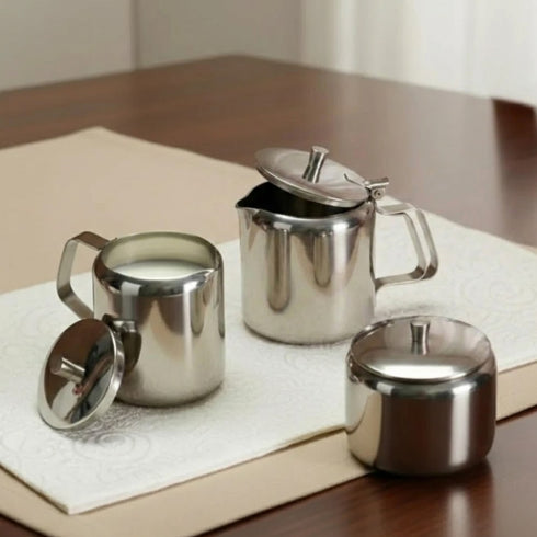 Vinod Stainless Steel 3 Piece Medium Tea Pot Set 750 ml Tea Pot 250 ml Milk Pot and 250 ml Sugar Pot Highest Grade Steel Mirror Finish Rust Free