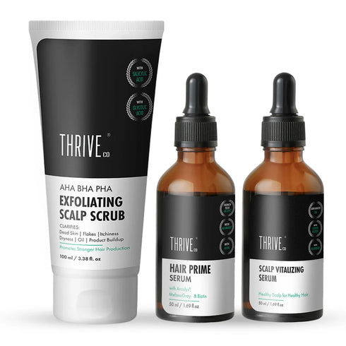 Thriveco Hair Prime Serum ThriveCo Scalp Exfoliating Scrub ThriveCo Scalp Vitalizing Serum