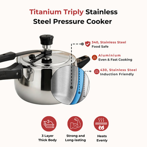 Vinod Doniv Titanium Triply Stainless Steel Pressure Cooker 5 Ltr Inner Lid Induction Friendly
