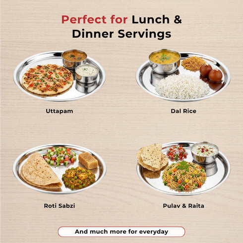 Vinod Stainless Steel Two Tone German Bogi Plate Set of 6 28.5 cm Lunch Plate Dinner Plate High Grade Stainless Steel Mirror Finish