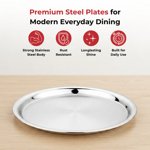 Vinod Stainless Steel Two Tone German Bogi Plate Set of 6 28.5 cm Lunch Plate Dinner Plate High Grade Stainless Steel Mirror Finish