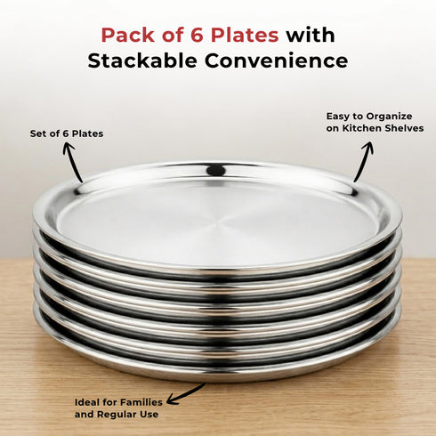 Vinod Stainless Steel Two Tone German Bogi Plate Set of 6 28.5 cm Lunch Plate Dinner Plate High Grade Stainless Steel Mirror Finish