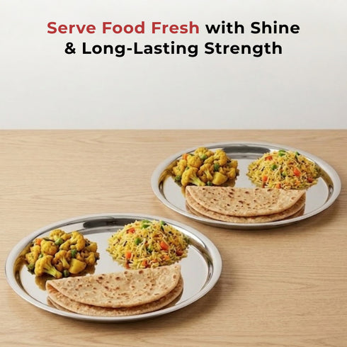 Vinod Stainless Steel Two Tone German Bogi Plate Set of 6 28.5 cm Lunch Plate Dinner Plate High Grade Stainless Steel Mirror Finish