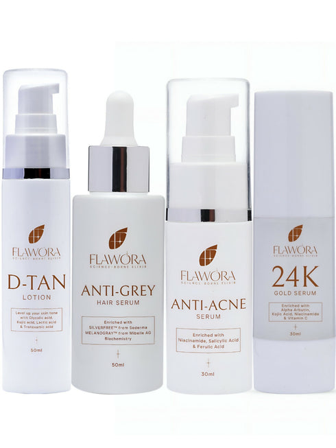 Flawora D-Tan Lotion|Anti Acne Serum | Anti-Grey Hair Serum and Gold Face Serum Combo