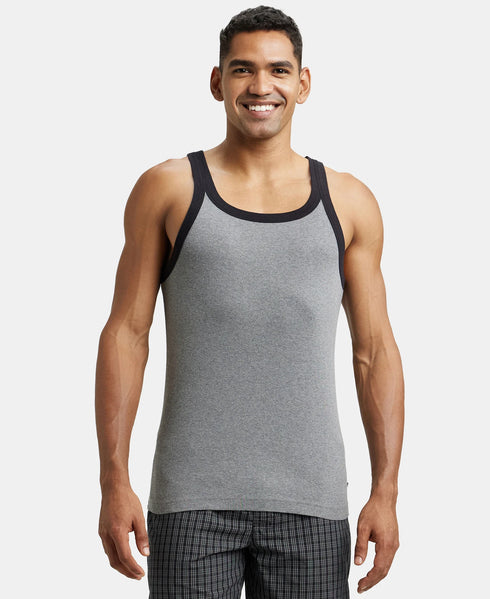 Jockey Super Combed Cotton Rib Square Neck Gym Vest | Mid Grey Melange And Black