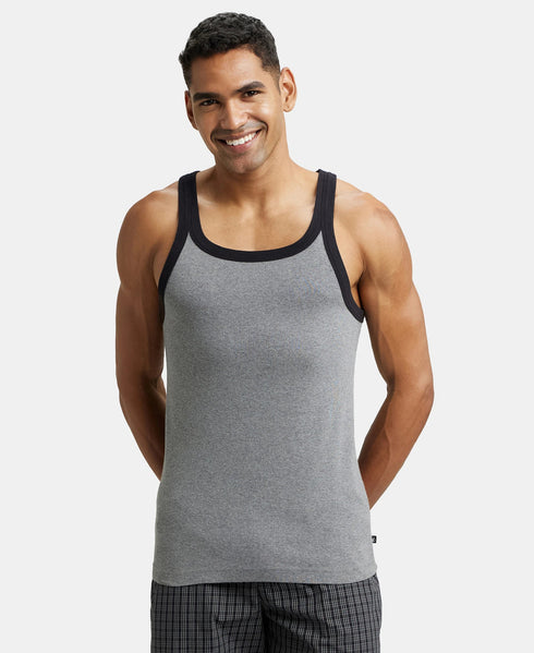 Jockey Super Combed Cotton Rib Square Neck Gym Vest | Mid Grey Melange And Black