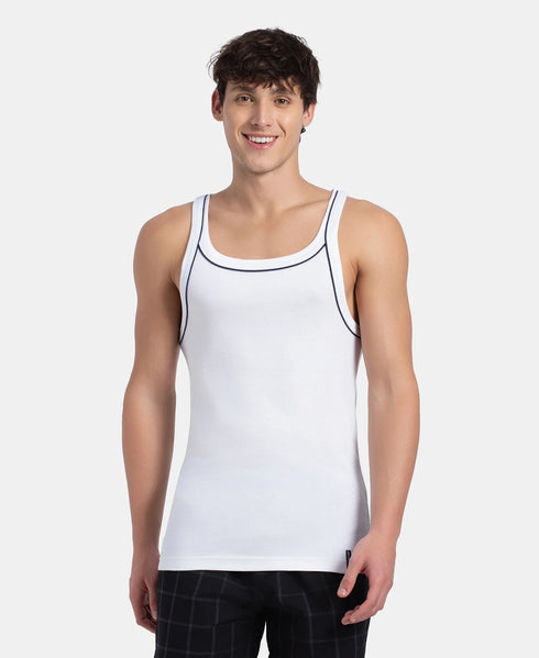 Jockey Super Combed Cotton Rib Square Neck Gym Vest with Graphic Print | White