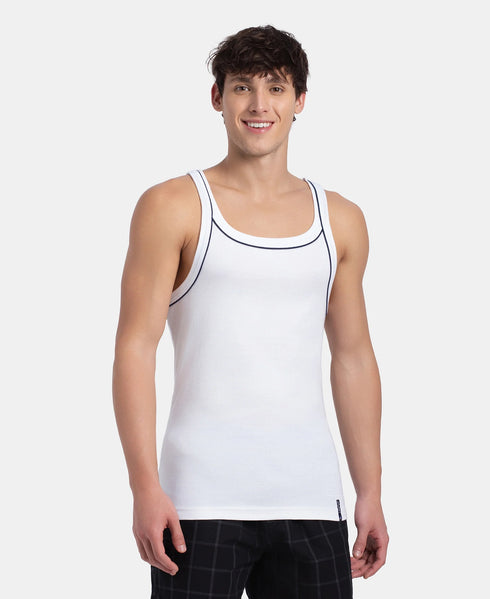 Jockey Super Combed Cotton Rib Square Neck Gym Vest with Graphic Print | White