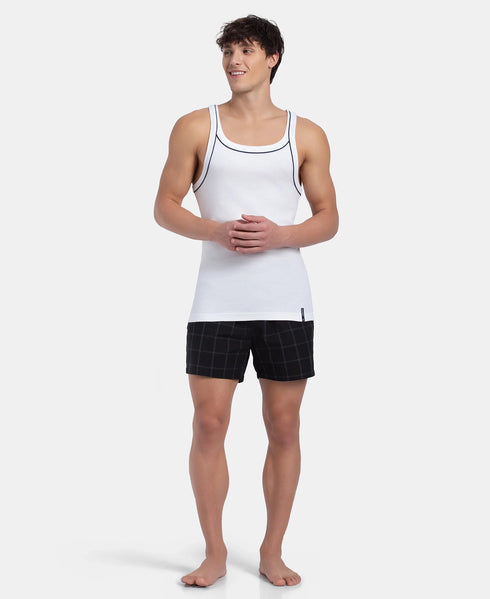 Jockey Super Combed Cotton Rib Square Neck Gym Vest with Graphic Print | White