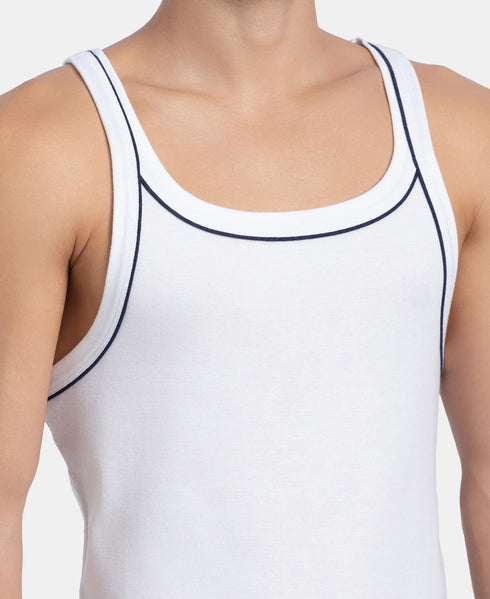 Jockey Super Combed Cotton Rib Square Neck Gym Vest with Graphic Print | White