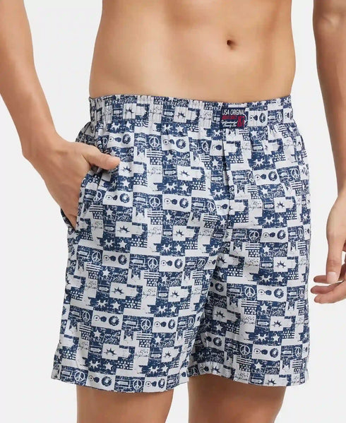 Jockey Super Combed Mercerized Cotton Woven Printed Boxer Shorts with Side Pockets | Nickel
