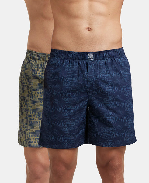 Jockey Super Combed Mercerized Cotton Woven Printed Boxer Shorts with Side Pockets | Navy & Burnt Olive (Pack of 2)