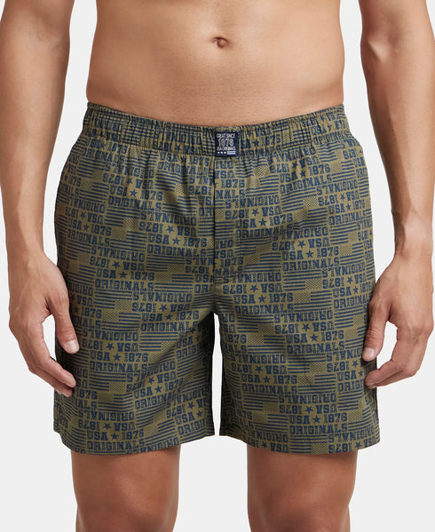 Jockey Super Combed Mercerized Cotton Woven Printed Boxer Shorts with Side Pockets | Navy & Burnt Olive (Pack of 2)