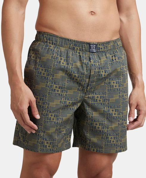 Jockey Super Combed Mercerized Cotton Woven Printed Boxer Shorts with Side Pockets | Navy & Burnt Olive (Pack of 2)