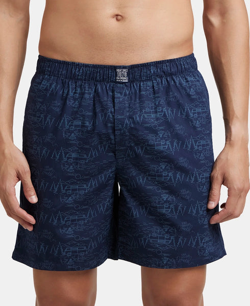 Jockey Super Combed Mercerized Cotton Woven Printed Boxer Shorts with Side Pockets | Navy & Burnt Olive (Pack of 2)