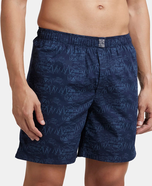 Jockey Super Combed Mercerized Cotton Woven Printed Boxer Shorts with Side Pockets | Navy & Burnt Olive (Pack of 2)