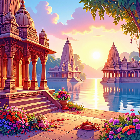 Back Drop India Divine Sunrise by the Temple