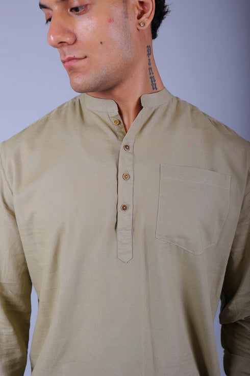Veshbhoshaa Bluebird Men'S Short Kurta In Khaki - 100% Pure Cotton