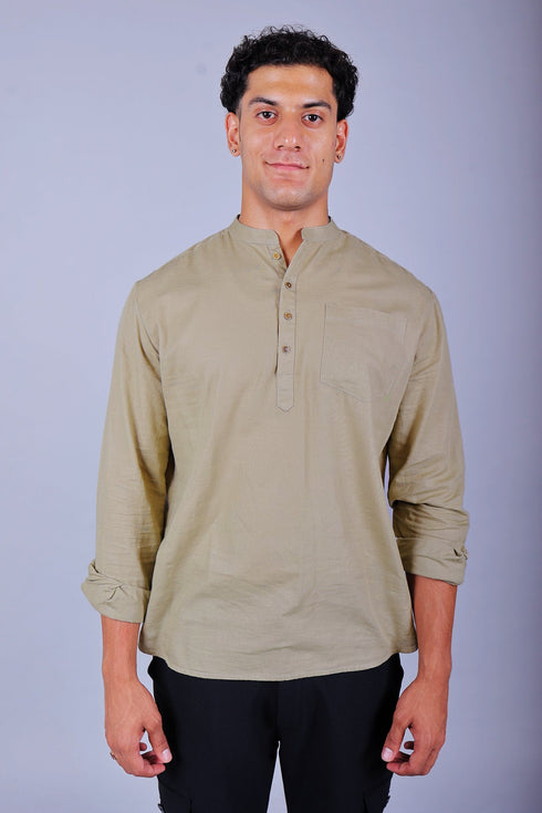 Veshbhoshaa Bluebird Men'S Short Kurta In Khaki - 100% Pure Cotton