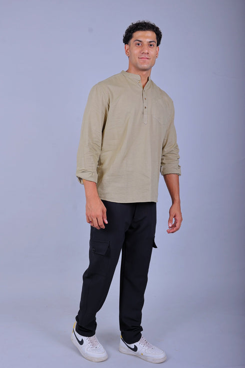 Veshbhoshaa Bluebird Men'S Short Kurta In Khaki - 100% Pure Cotton