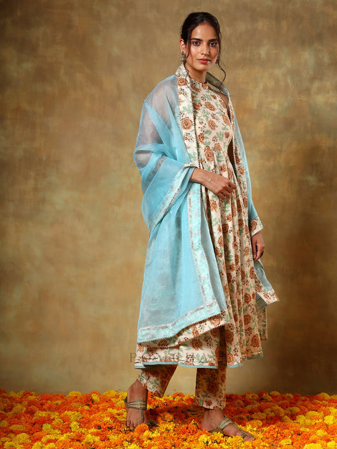 Pomcha Jaipur Beige Halter Neck Cotton Anarkali Set