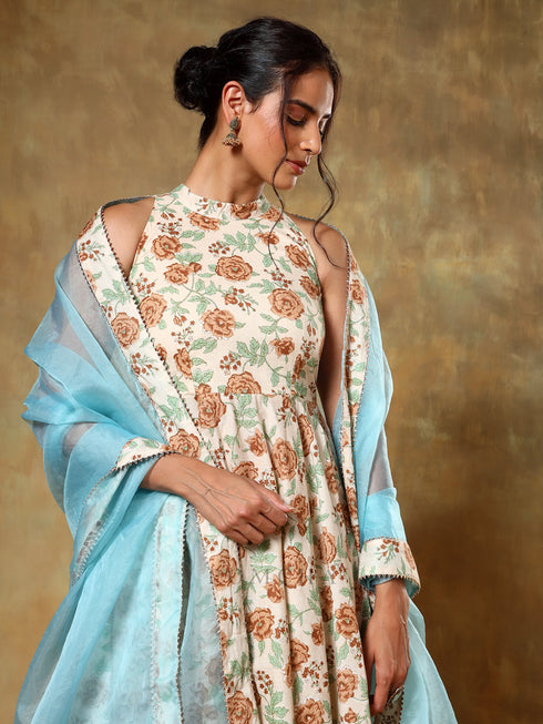 Pomcha Jaipur Beige Halter Neck Cotton Anarkali Set