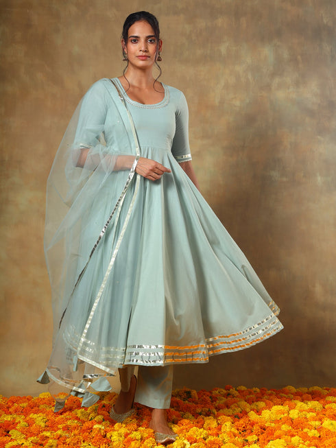 Pomcha Jaipur Guzarish Pastel Cotton Anarkali Set With Soft Net Dupatta