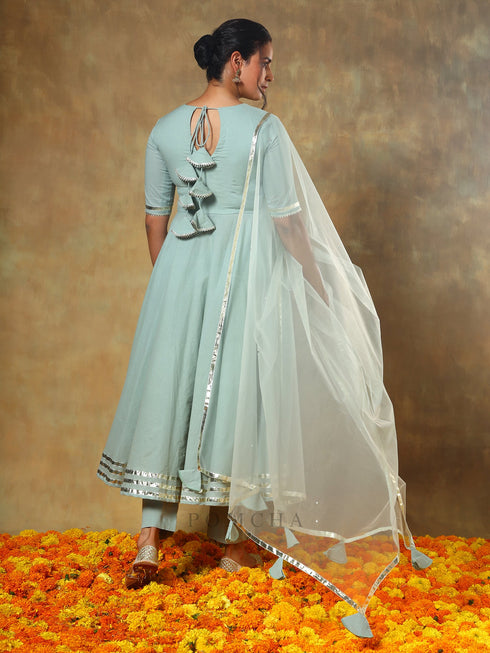 Pomcha Jaipur Guzarish Pastel Cotton Anarkali Set With Soft Net Dupatta