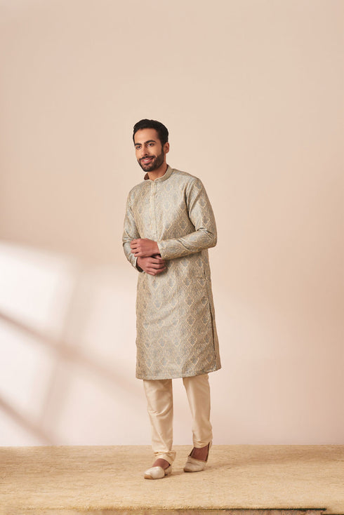 Manyavar Light Grey Jacquard Kurta Pajama