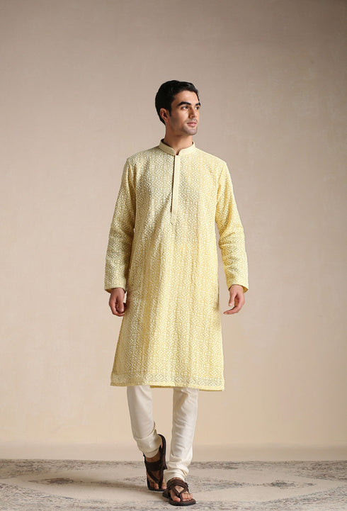 Manyavar Mellow Yellow Chikankari Embroidered Kurta Set