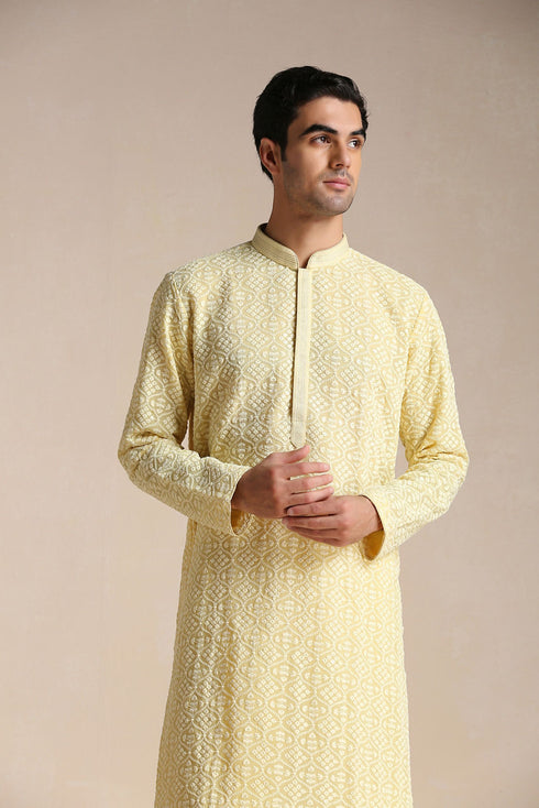 Manyavar Mellow Yellow Chikankari Embroidered Kurta Set