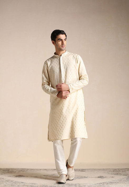 Manyavar Biscuit Beige Jacquard Patterned Kurta Set