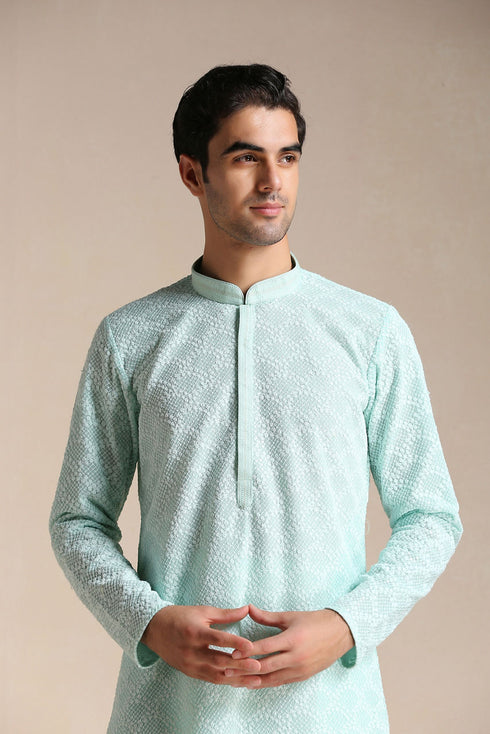 Manyavar Mint Green Chikankari Embroidered Kurta Set